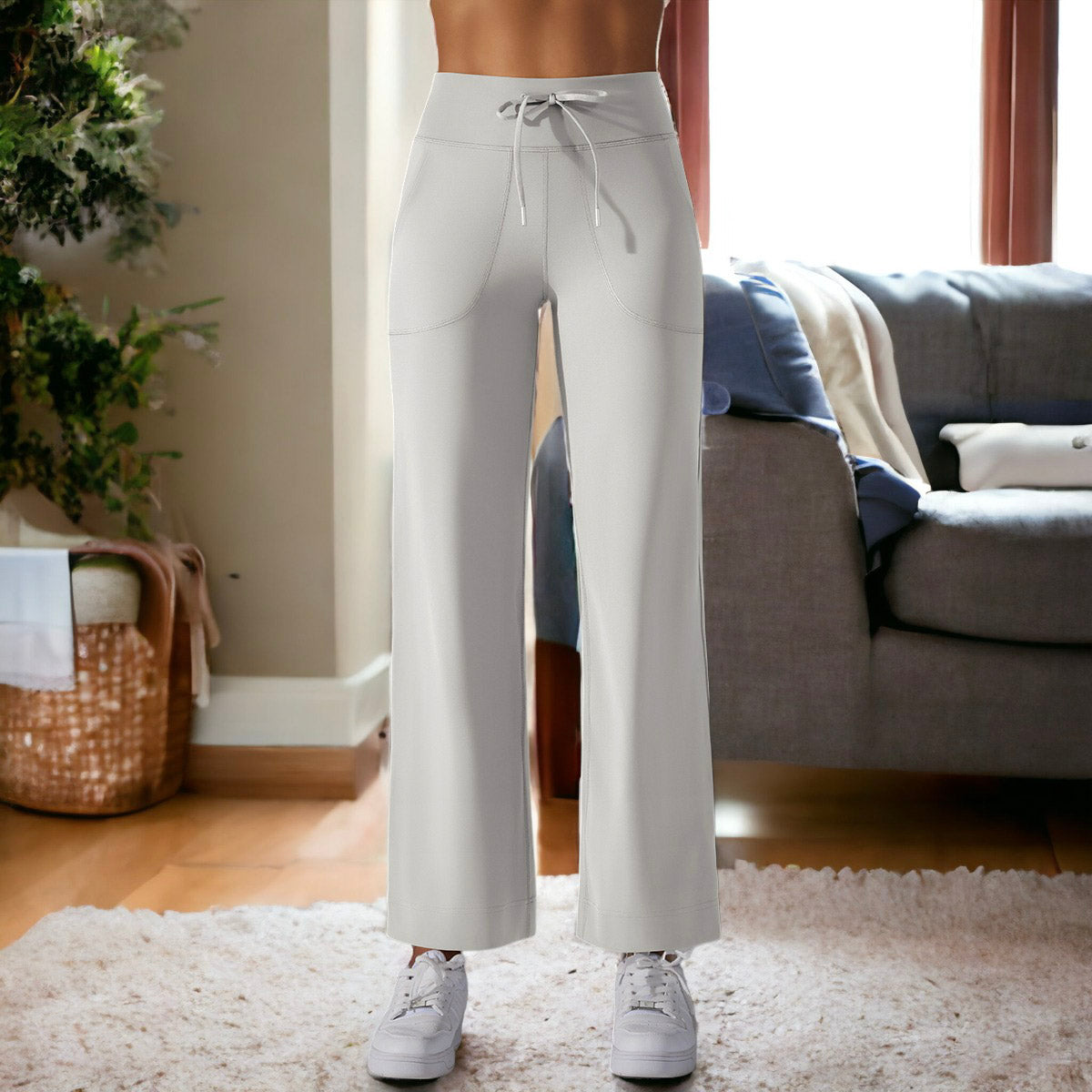 Pantalones de pierna recta con lazo en la cintura