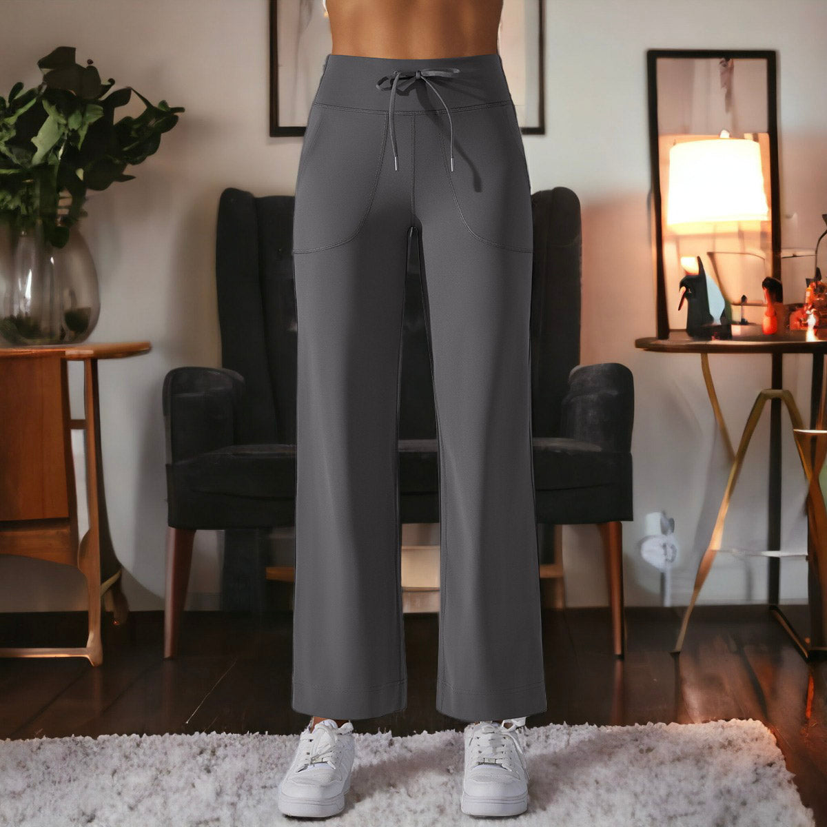 Pantalones de pierna recta con lazo en la cintura