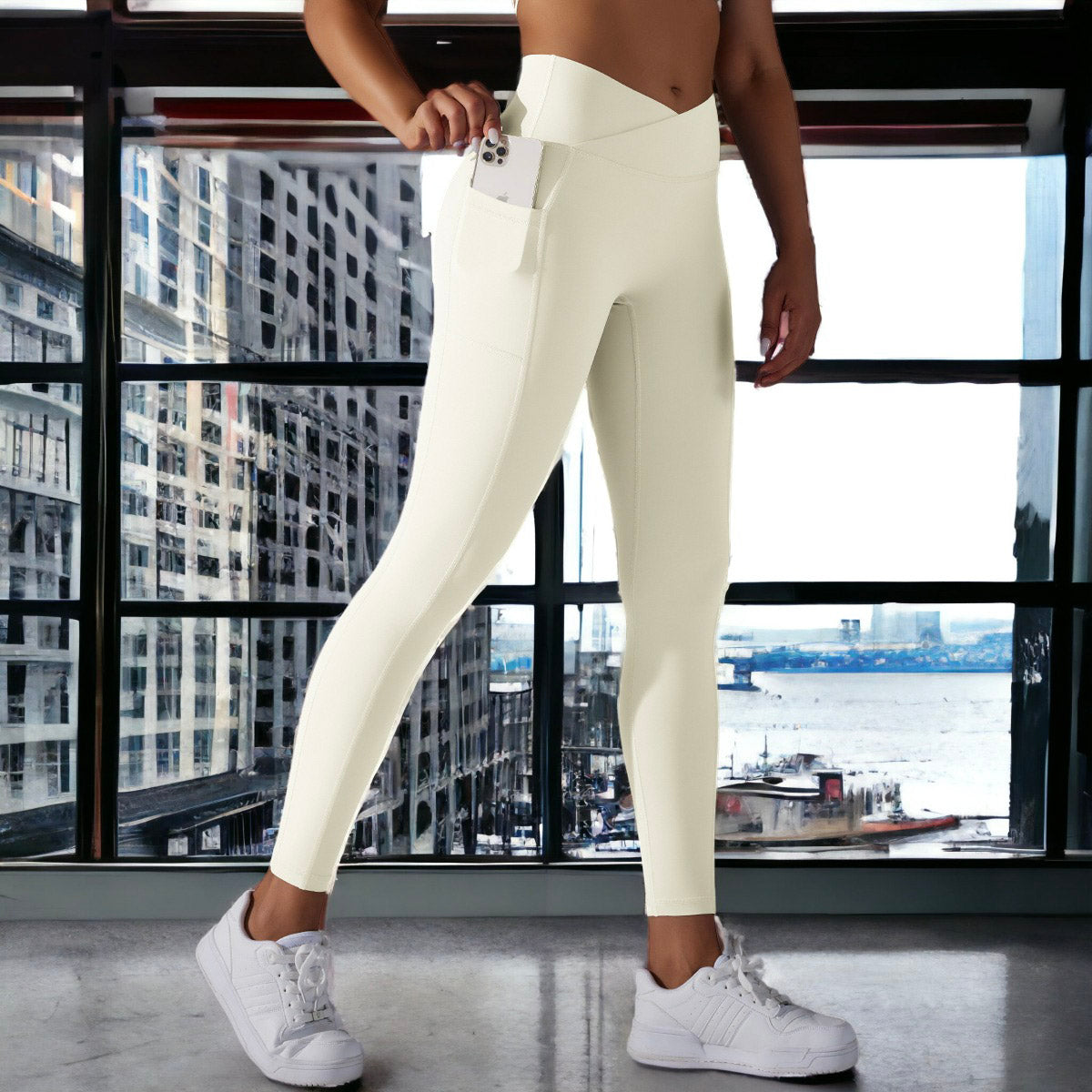 Leggings con bolsillos superpuestos en la cintura en forma de V
