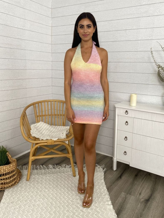 Crochet Knit Rainbow Ombre Halter Mini Dress