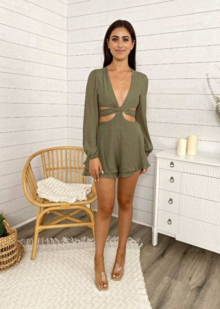 Puff Peasant Long Sleeved Cut Out Ruffled Romper
