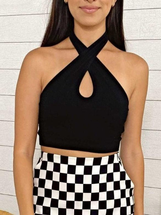 Crossover Halter Cut Out Open Back Crop Top
