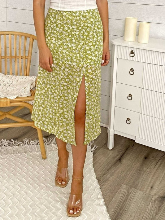 High Rise Green Floral Leg Slit Midi Skirt