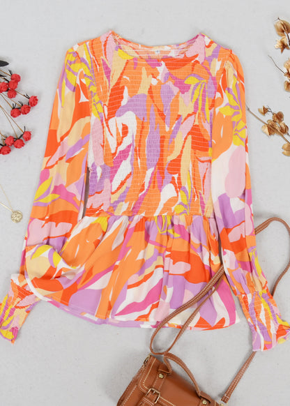 Shirred Floral Print Peplum Blouse
