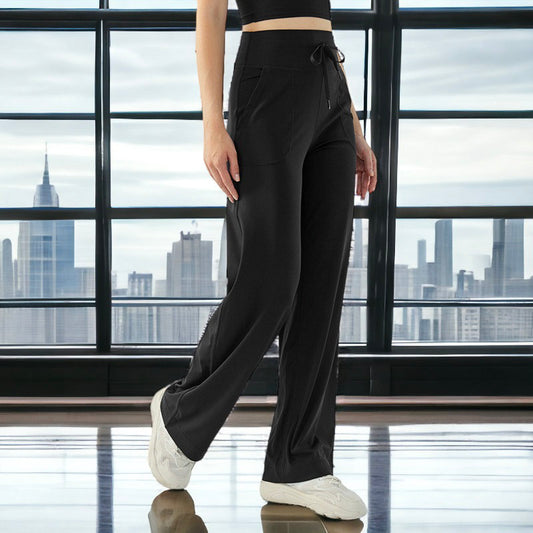 Pantalones de yoga deportivos de cintura alta con cordón y sueltos de color sólido para mujer