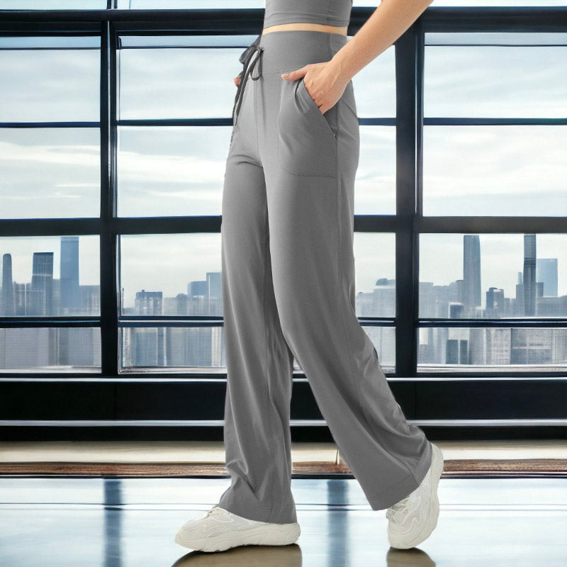 Pantalones de yoga deportivos de cintura alta con cordón y sueltos de color sólido para mujer