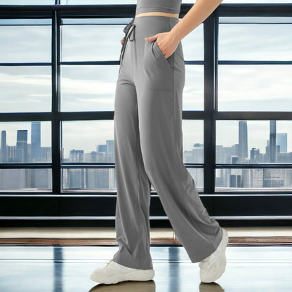 Pantalones de yoga deportivos de cintura alta con cordón y sueltos de color sólido para mujer