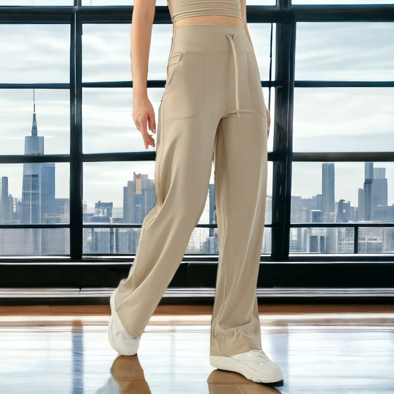 Pantalones de yoga deportivos de cintura alta con cordón y sueltos de color sólido para mujer