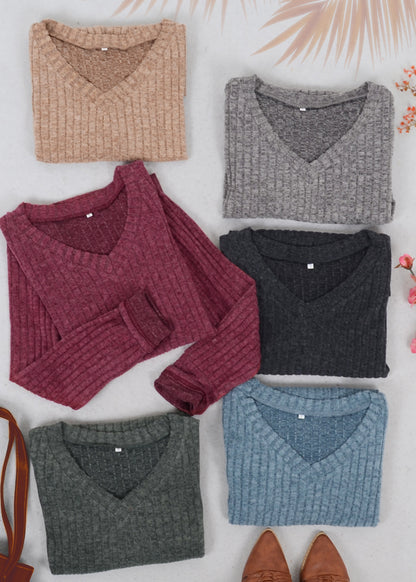 Solid Color Ribbed Knit Sweater