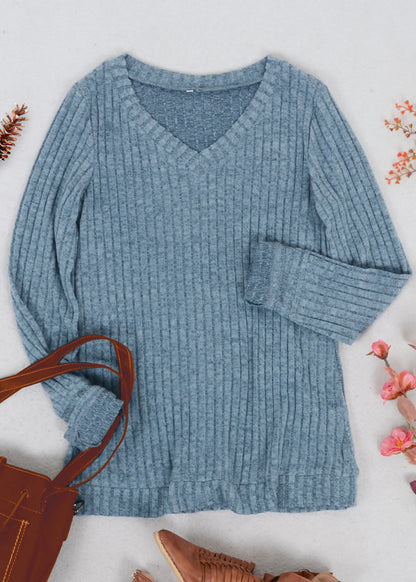Solid Color Ribbed Knit Sweater