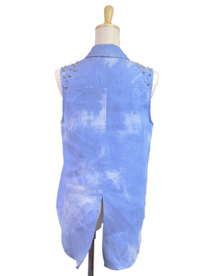 Lush Tie Dye Denim Sleeveless Collared Top With Shoulder And Collar Tip Spikes