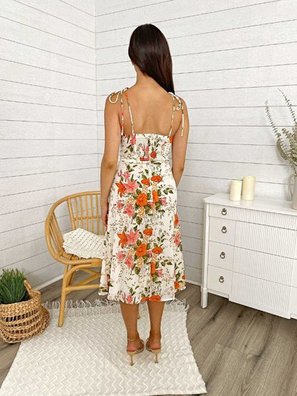 Shoulder Tying Sweetheart Floral Printed Leg Slit Midi Dress