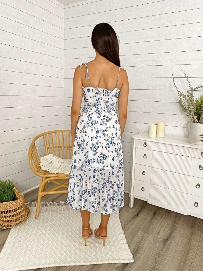 Adjustable Strap Floral Print Midi Dress