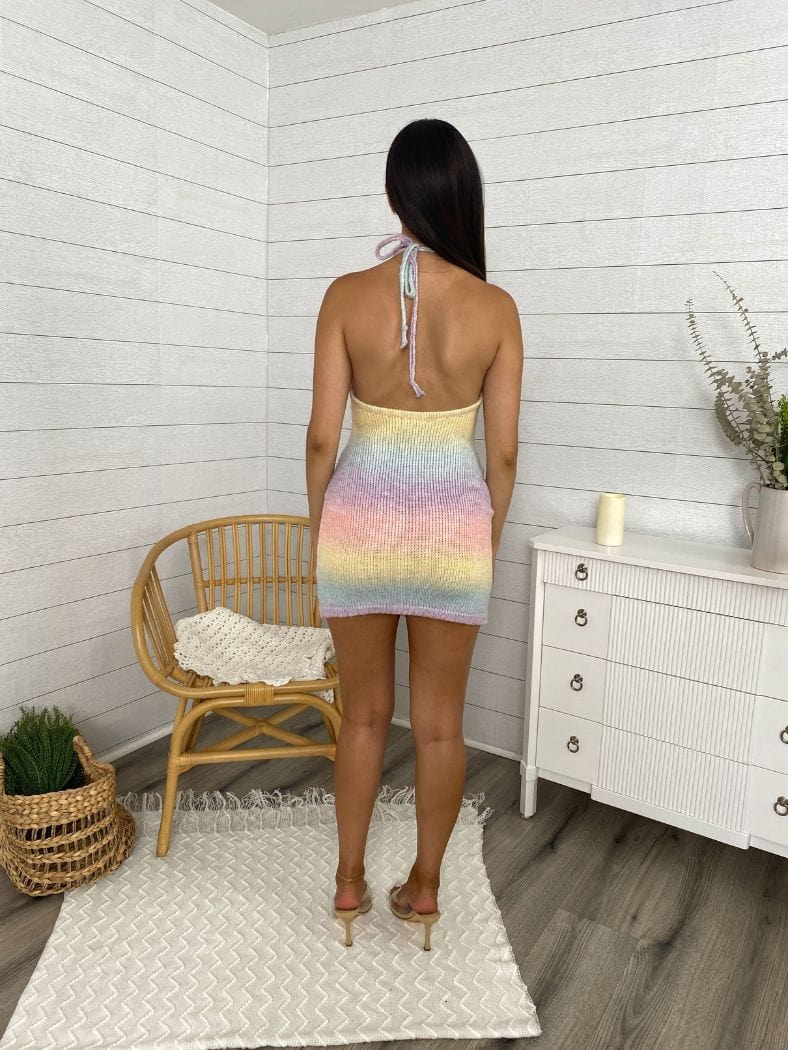 Crochet Knit Rainbow Ombre Halter String Tying Scoop Neck Mini Dress –  Anna-Kaci