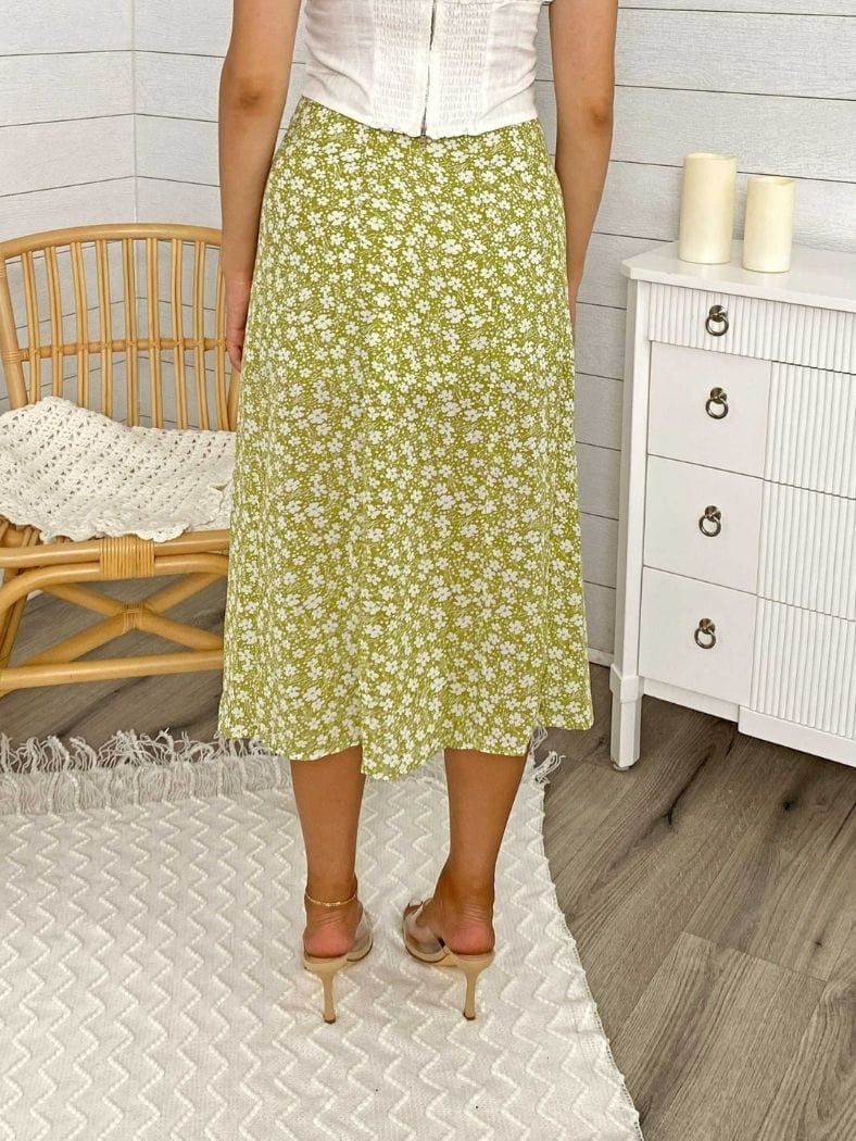 High Rise Green Floral Leg Slit Midi Skirt