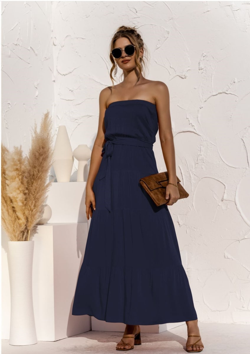 Strapless Maxi Dress Boho Tied Waist Casual A Line Ankle Length Womens –  Anna-Kaci