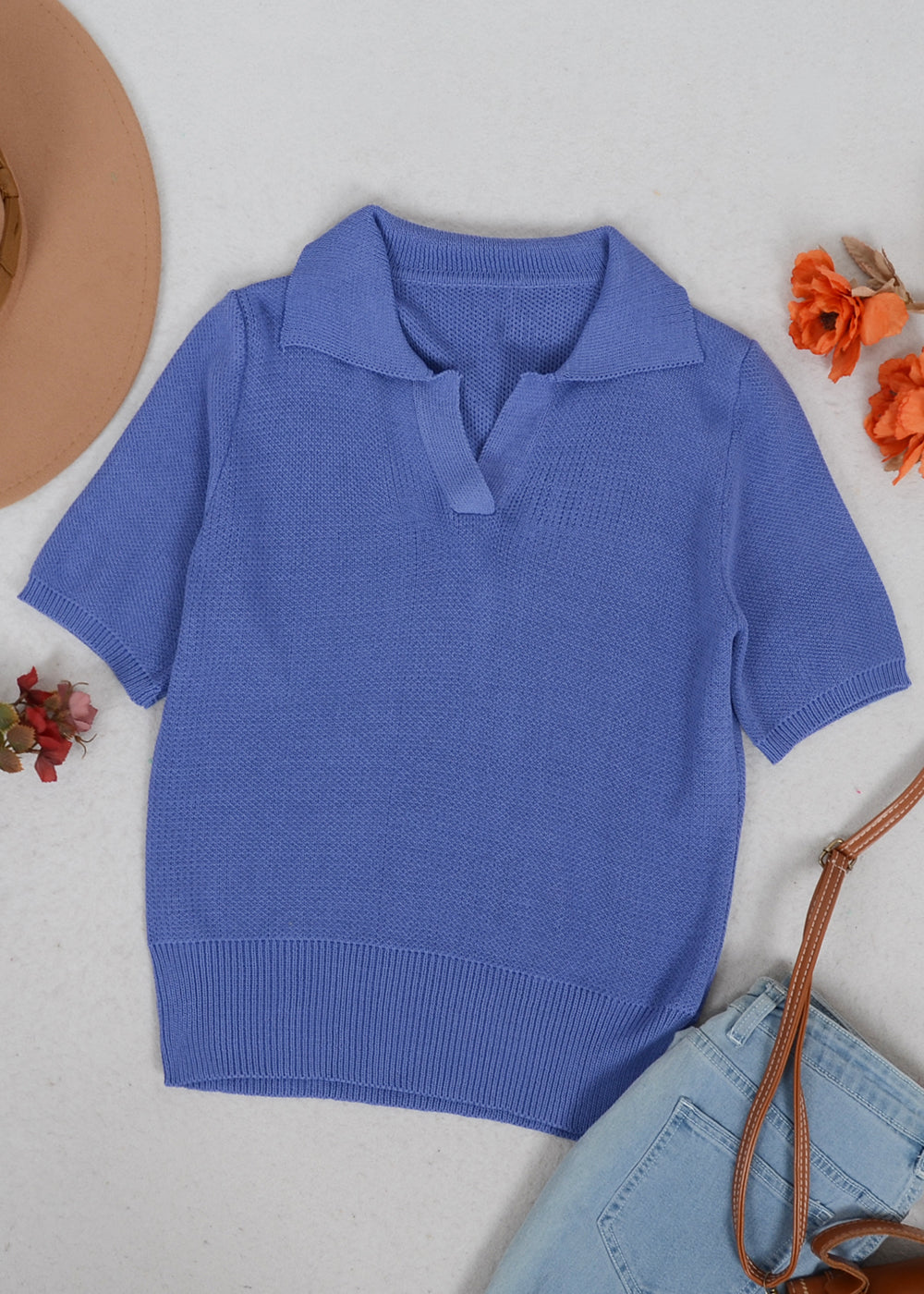 V Neck Knit Collared Shirt