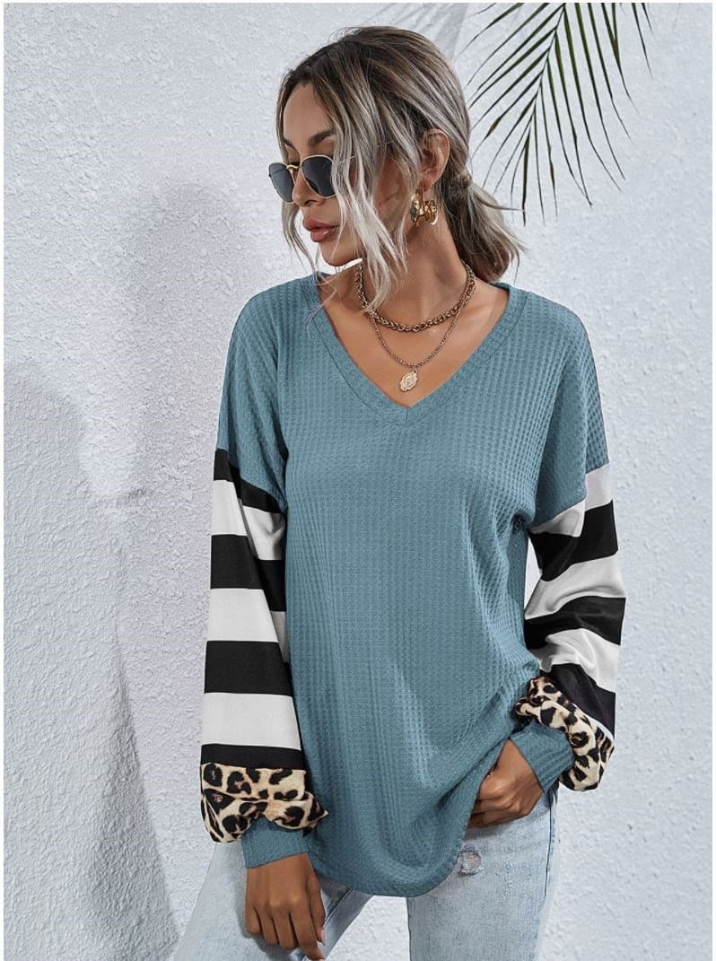 Striped and Leopard Pattern Contrast Sweater