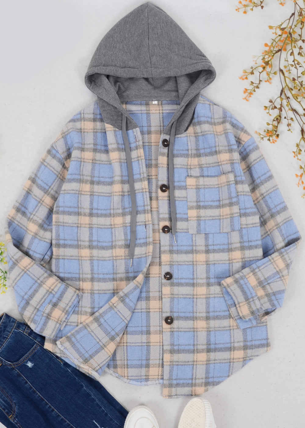 Contrast Hood Plaid Shacket