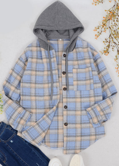 Contrast Hood Plaid Shacket