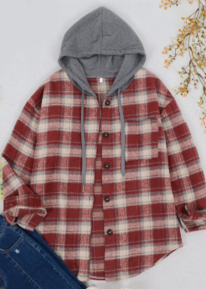 Contrast Hood Plaid Shacket