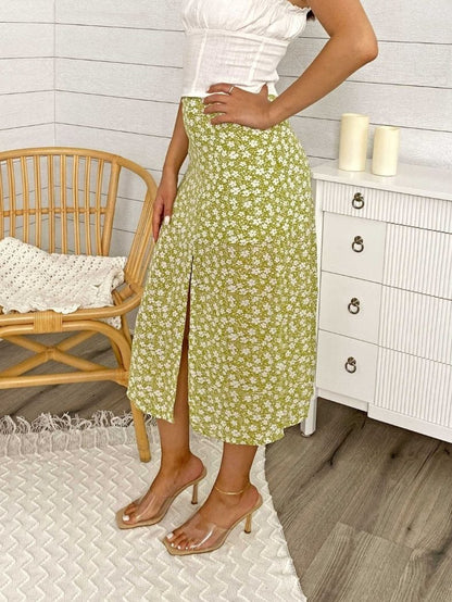 High Rise Green Floral Leg Slit Midi Skirt