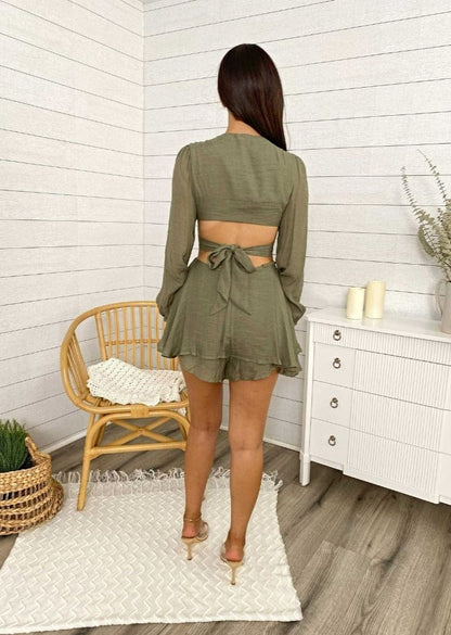 Puff Peasant Long Sleeved Cut Out Ruffled Romper