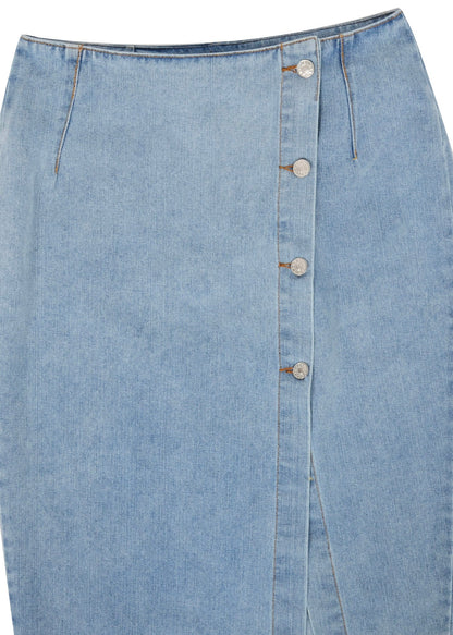 Button Detail Slit Denim Skirt