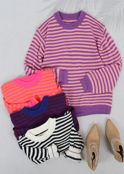 Horizontal Striped Knitted Round Collar Sweater