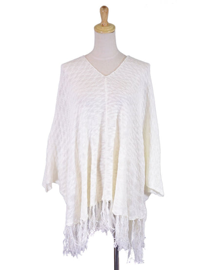 En Creme Boho Free Your Spirit Fringe Hem Lightweight Knit Hooded Poncho