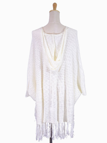 En Creme Boho Free Your Spirit Fringe Hem Lightweight Knit Hooded Poncho