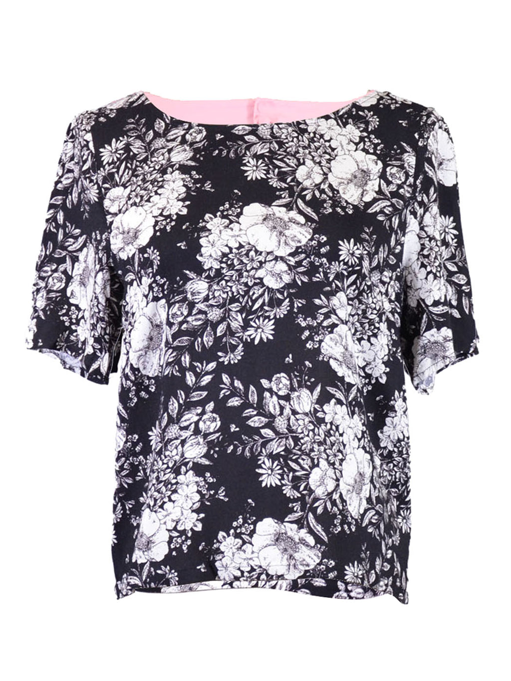 Blusa con abertura en la espalda y mangas cortas con estampado floral en blanco y negro de En Creme Lovely Wallpaper