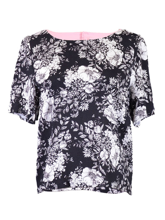 En Creme Lovely Wallpaper B&W Floral Print Short Sleeves Cutout Back Blouse Top