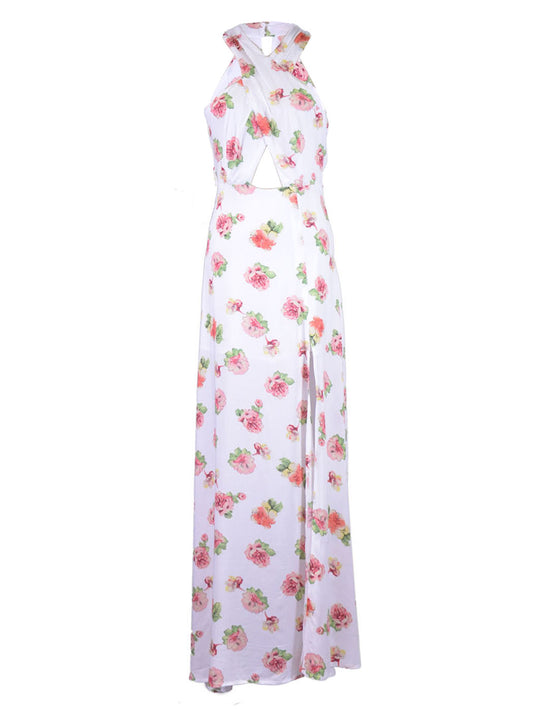 ReNamed Luscious Floral Print Criss Cross Neckline Cutout Chiffon Spring Maxi Dress