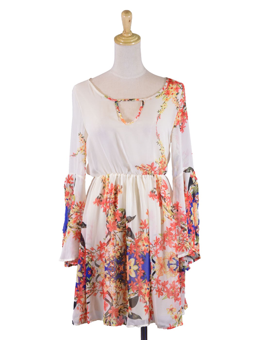 Audrey 3+1 Pretty Follow Me Floral Print Keyhole Neck Chiffon Bell Sleeves Dress