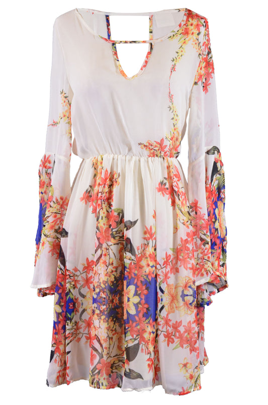 Audrey 3+1 Pretty Follow Me Floral Print Keyhole Neck Chiffon Bell Sleeves Dress