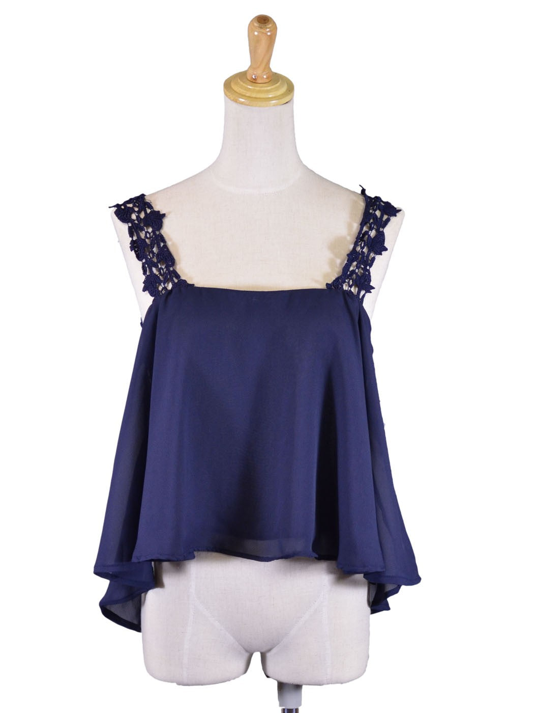 Double Zero Susan Lace Crochet Straps Flowly Chiffon Navy Blouse Top