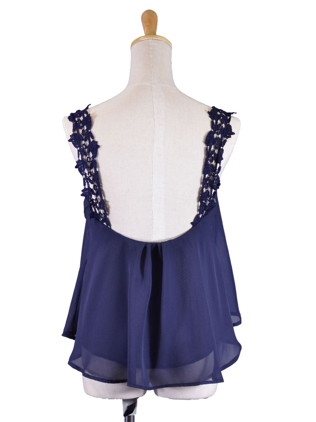 Blusa azul marino de gasa fluida con tirantes de crochet y encaje Susan Double Zero