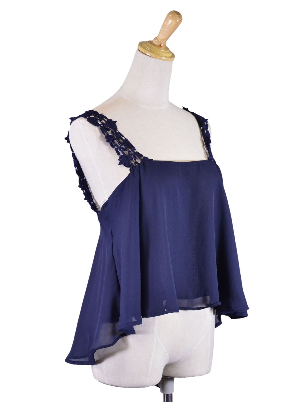 Double Zero Susan Lace Crochet Straps Flowly Chiffon Navy Blouse Top
