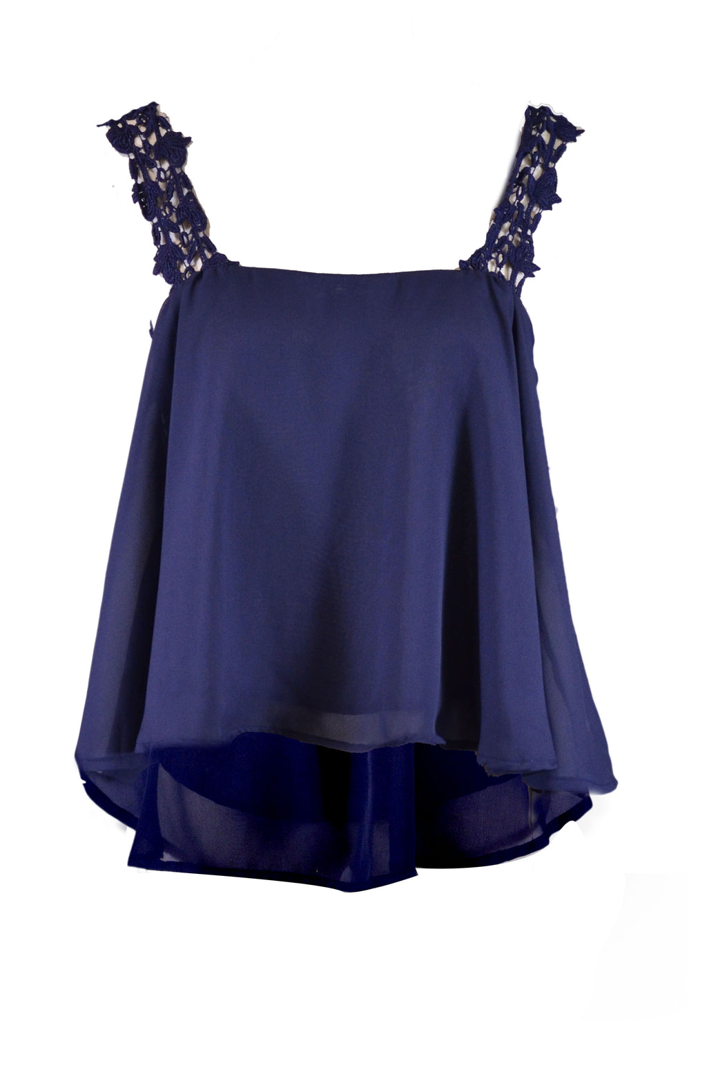Blusa azul marino de gasa fluida con tirantes de crochet y encaje Susan Double Zero