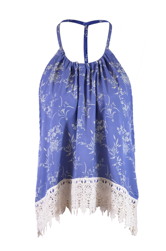 Blusa con cuello halter y espalda en T doble con ribete de encaje y estampado floral oriental En Creme