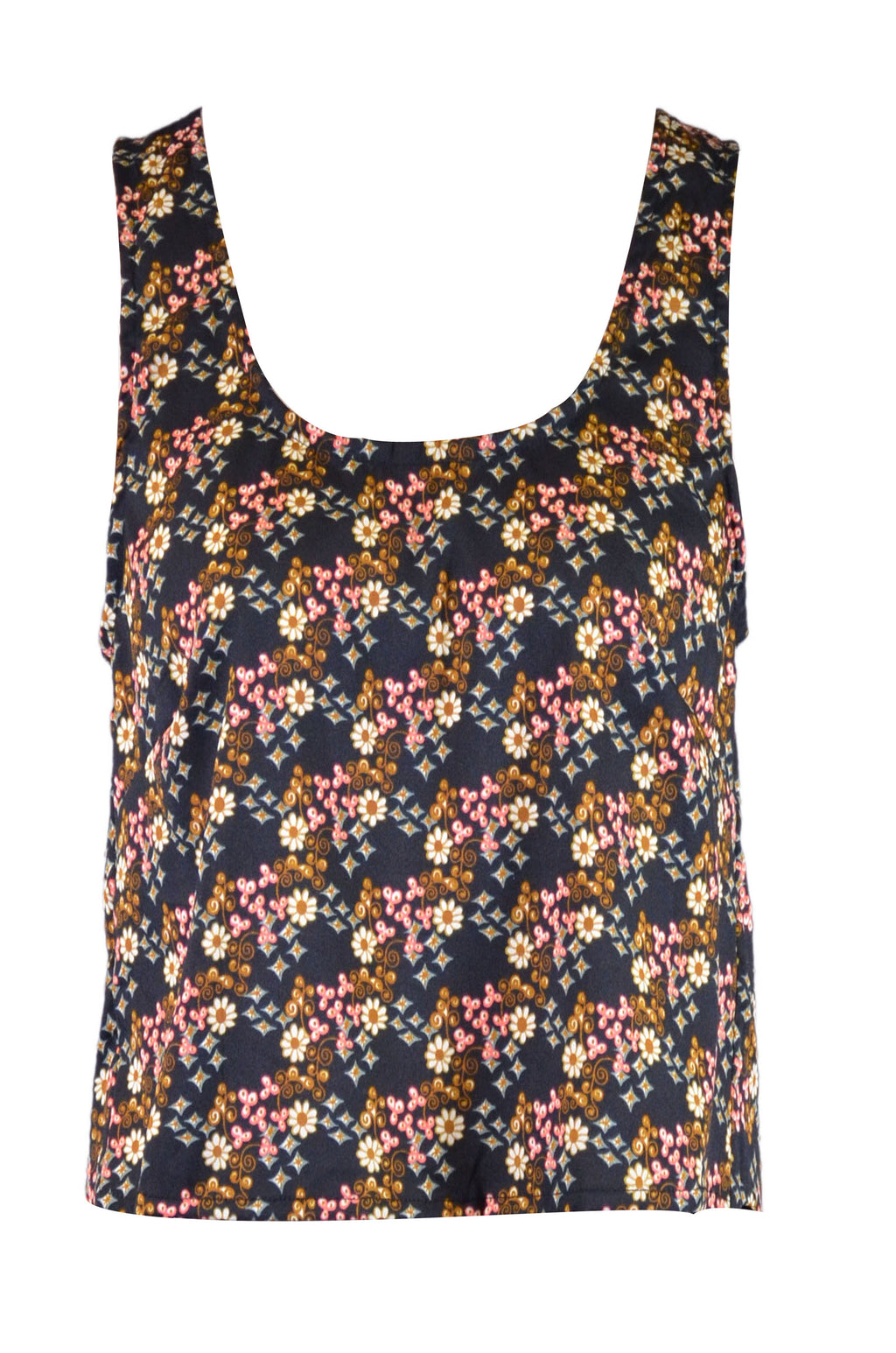 En Creme - Top corto con espalda abierta, escote festoneado y estampado floral encantador