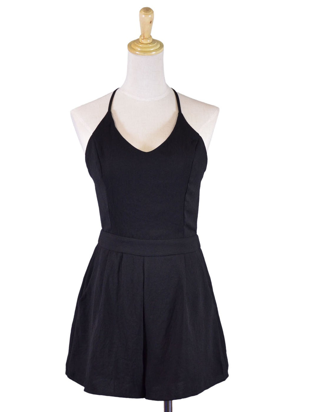 Lush Chic Formal Structured Black Spaghetti Straps Pocket Romper Shorts