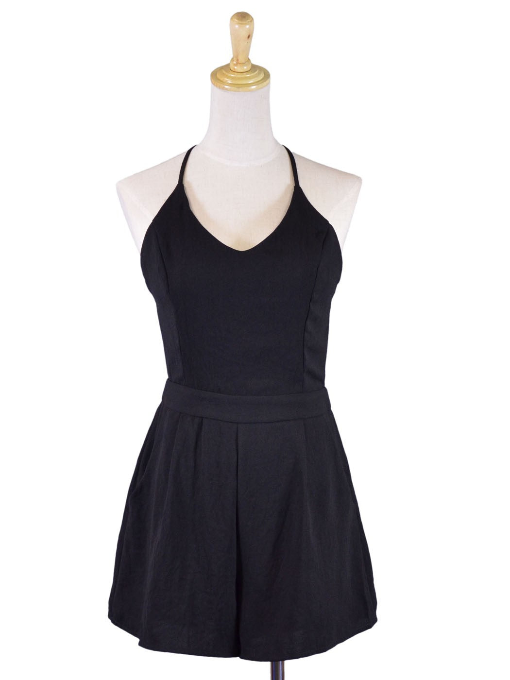 Lush Chic Formal Structured Black Spaghetti Straps Pocket Romper Shorts