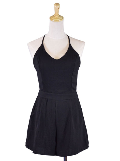 Lush Chic Formal Structured Black Spaghetti Straps Pocket Romper Shorts