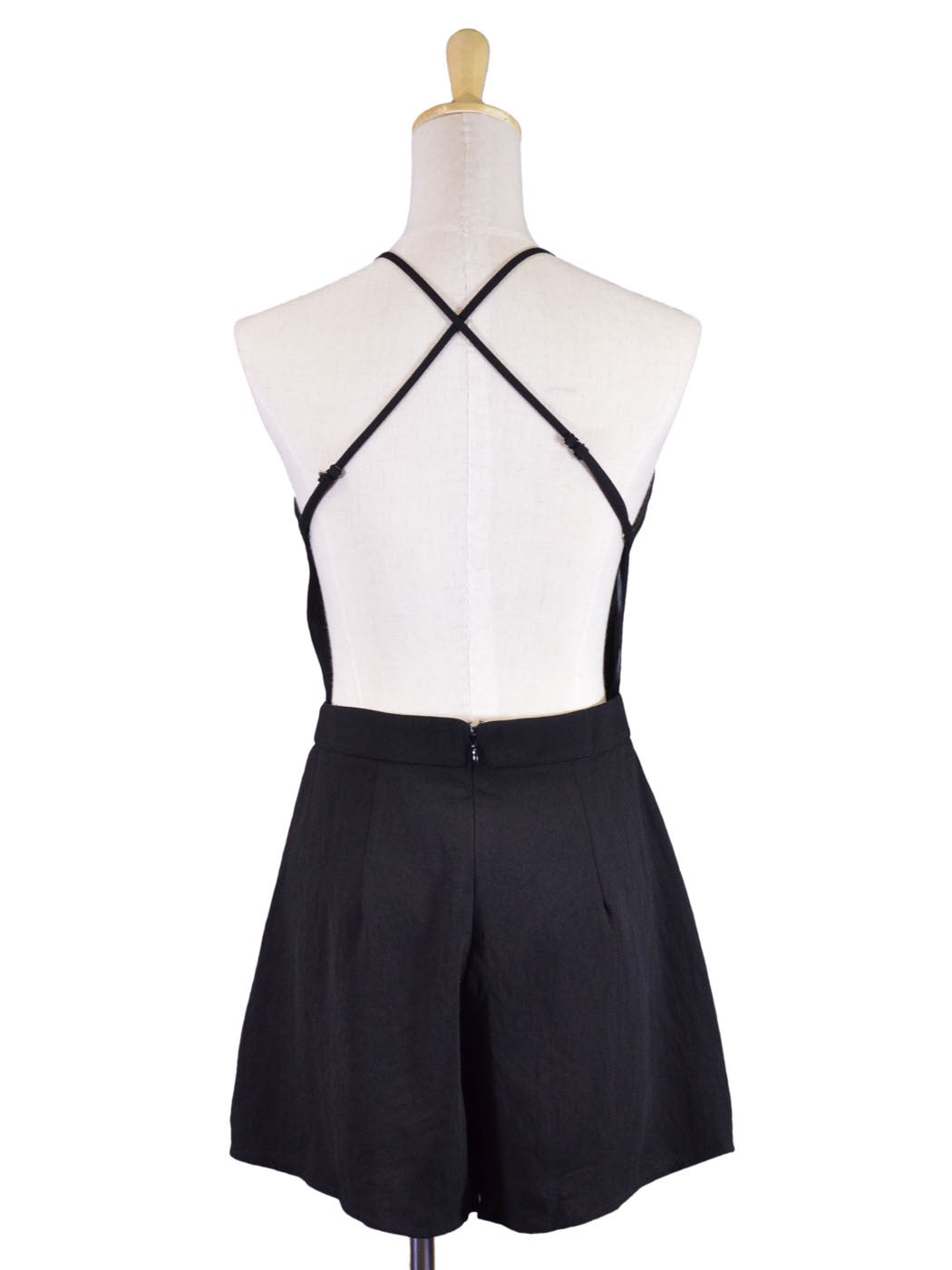 Lush Chic Formal Structured Black Spaghetti Straps Pocket Romper Shorts