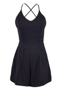 Lush Chic Formal Structured Black Spaghetti Straps Pocket Romper Shorts