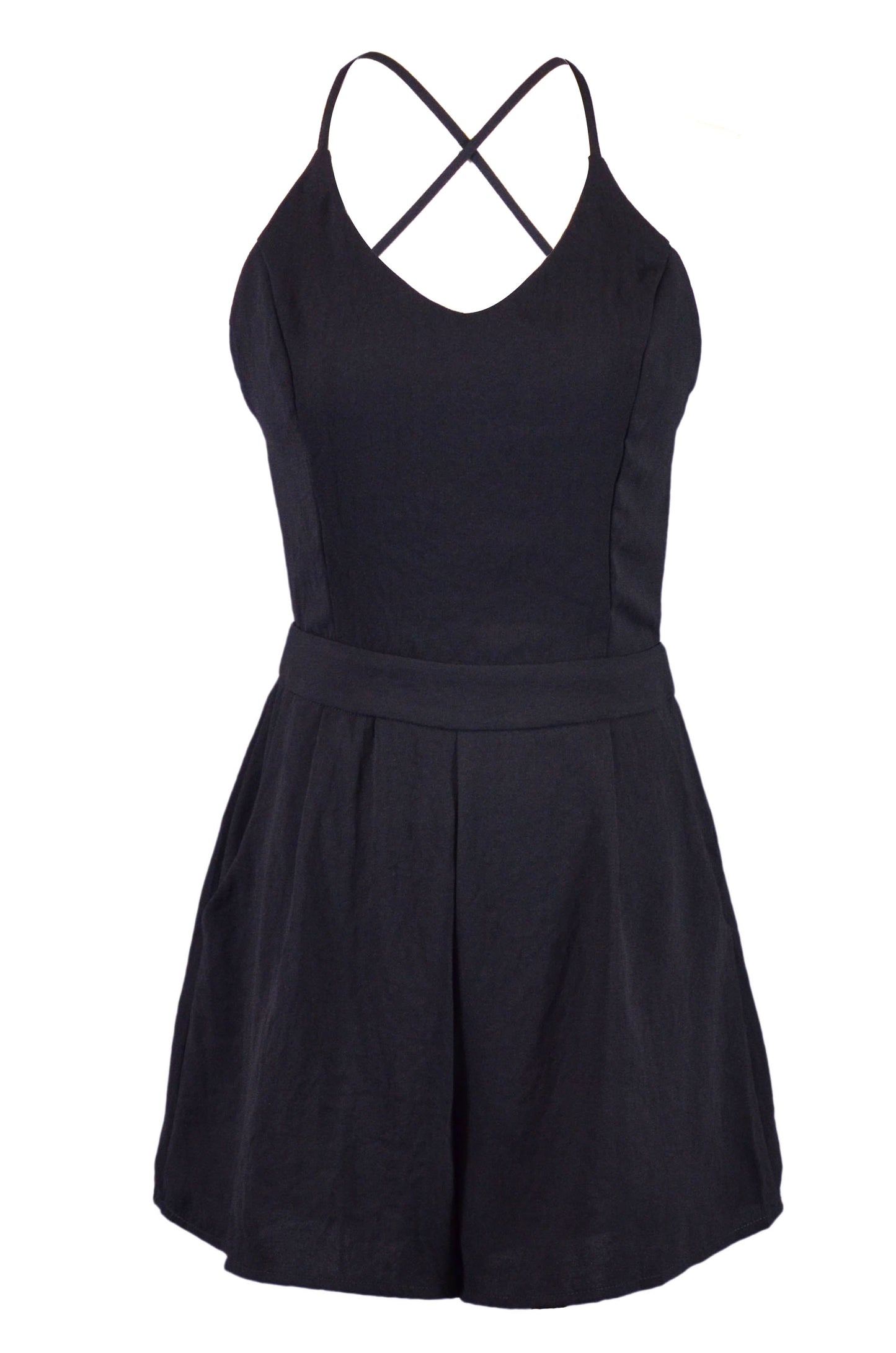 Lush Chic Formal Structured Black Spaghetti Straps Pocket Romper Shorts