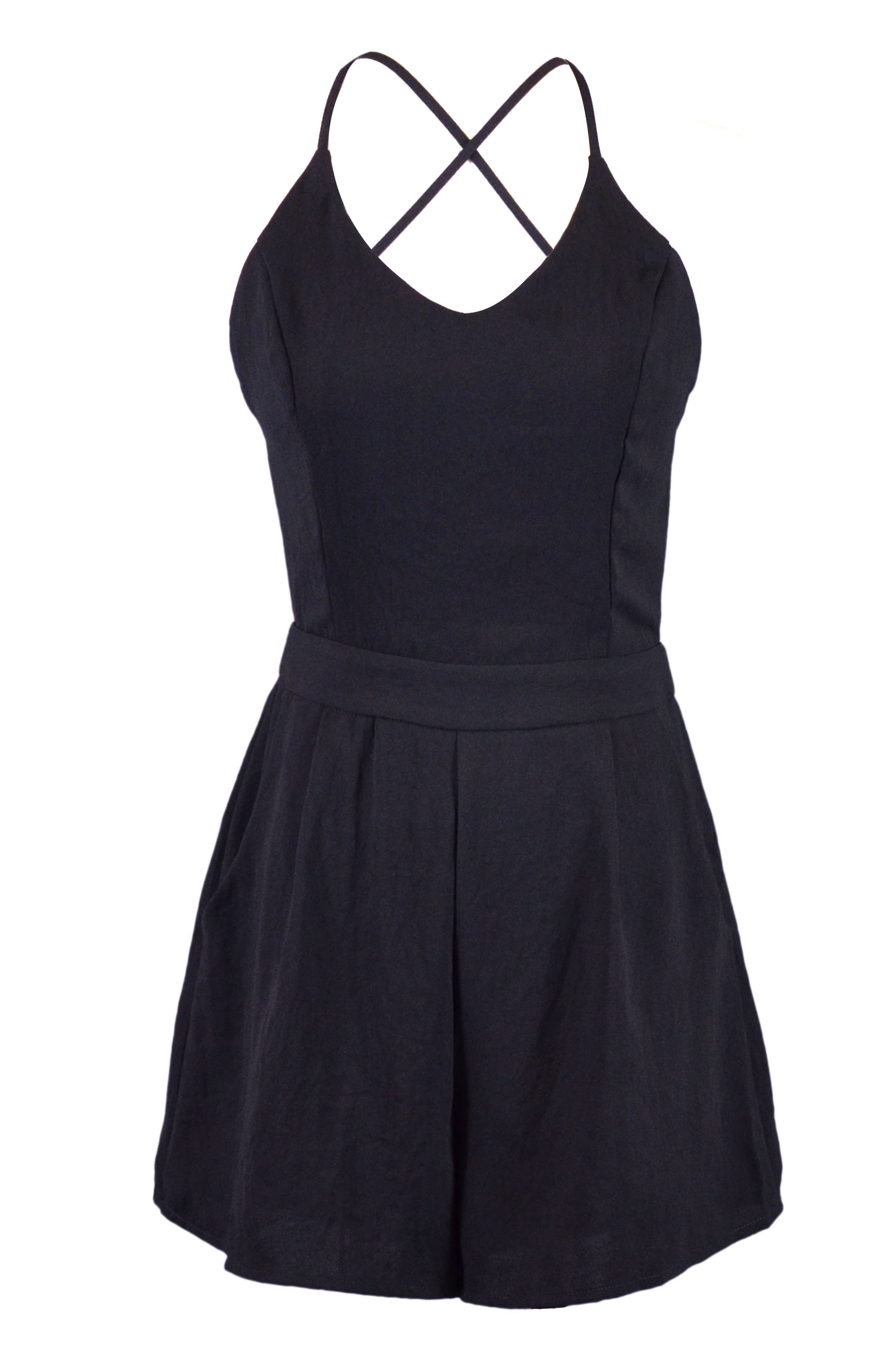 Lush Chic Formal Structured Black Spaghetti Straps Pocket Romper Shorts