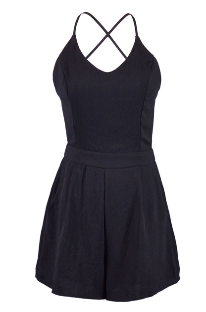 Lush Chic Formal Structured Black Spaghetti Straps Pocket Romper Shorts